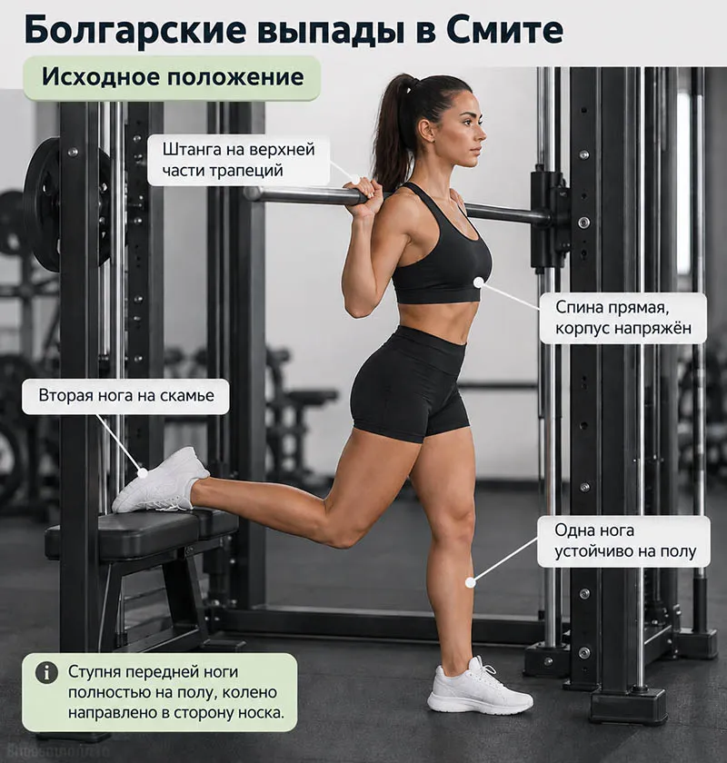 Болгарские выпады в тренажере Смита