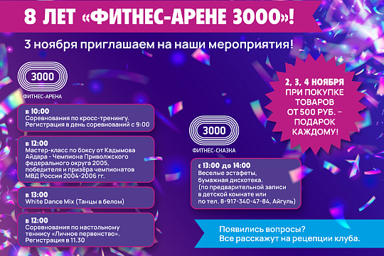 Фитнес-Арене «3000» исполняется 8 лет! 